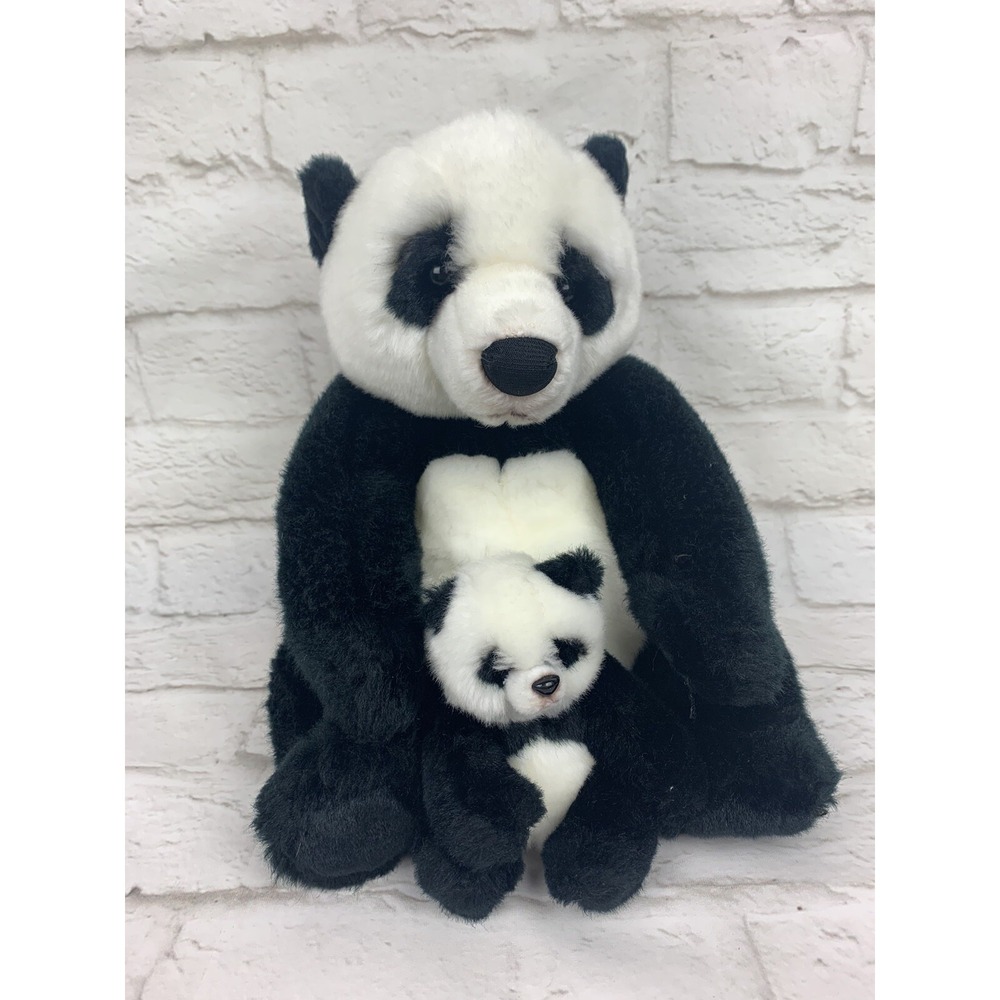 YOMIKO CLASSICS Mommy and Baby Panda Black White Bottom Plush Stuffed Animal 10"